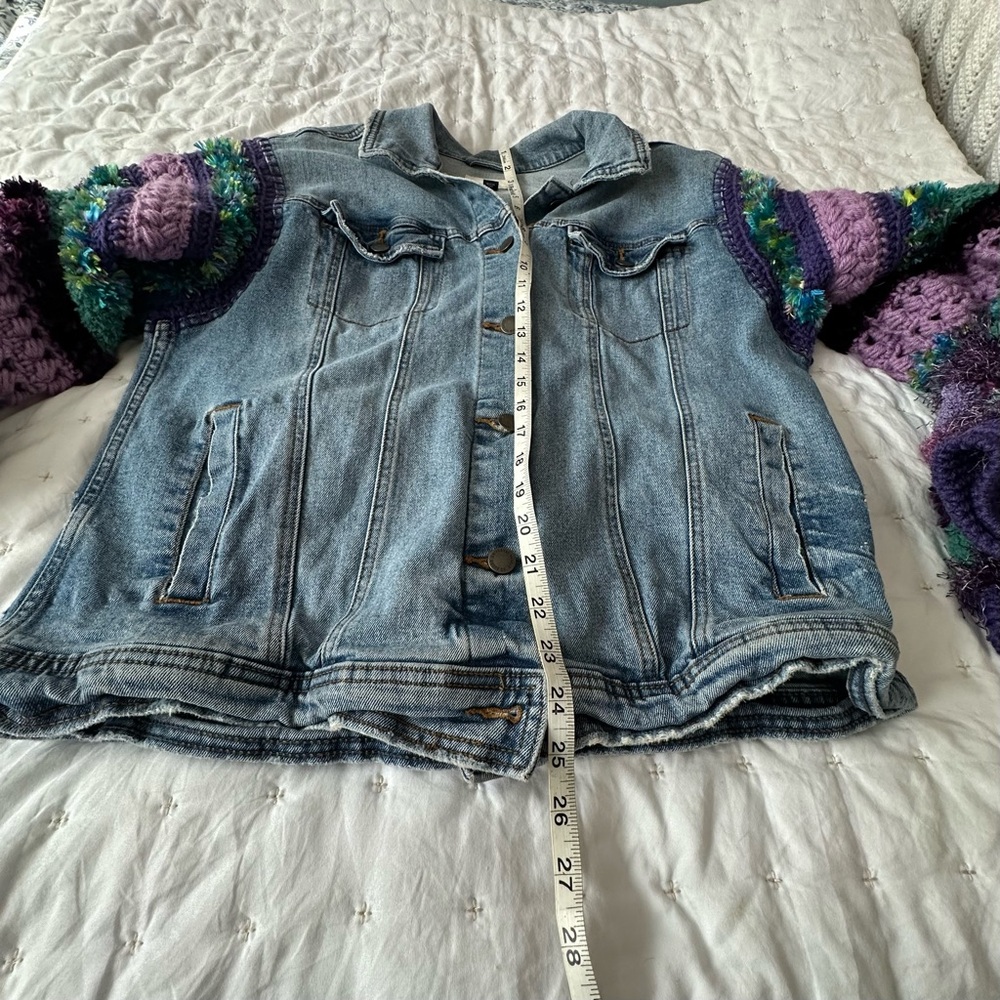One of a Kind Upcycled  Denim Jacket with Hand Crocheted Sleeves - Picture 7 of 8